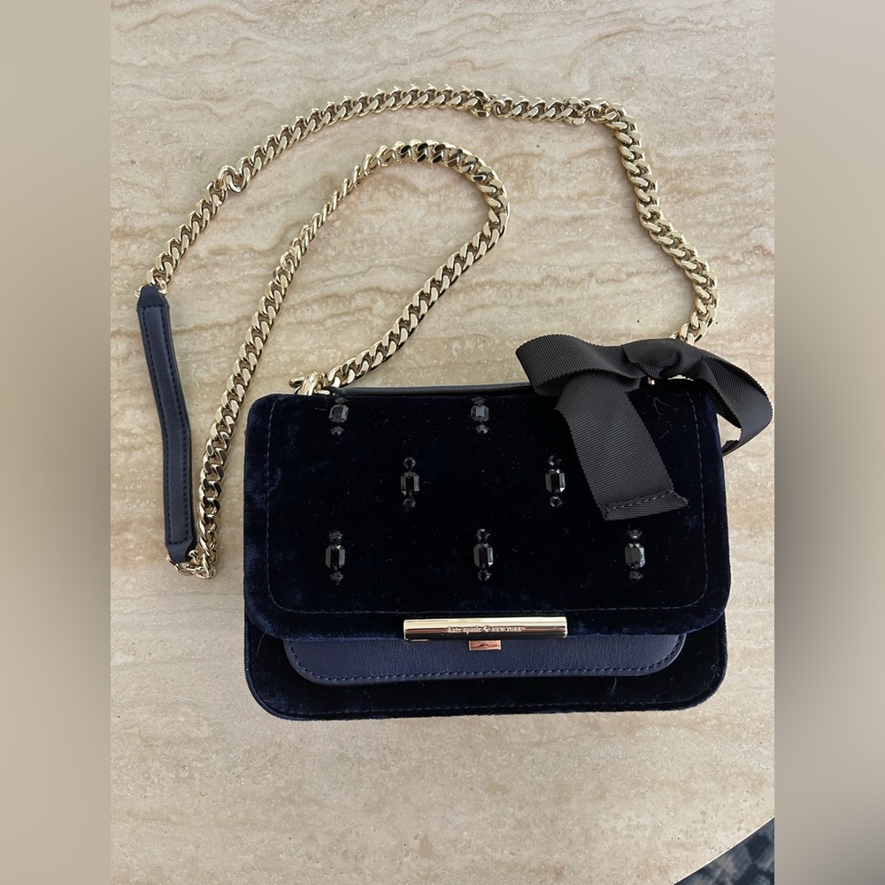 Kate Spade Navy Leather and Velvet Embellished Evening Shoulder Bag